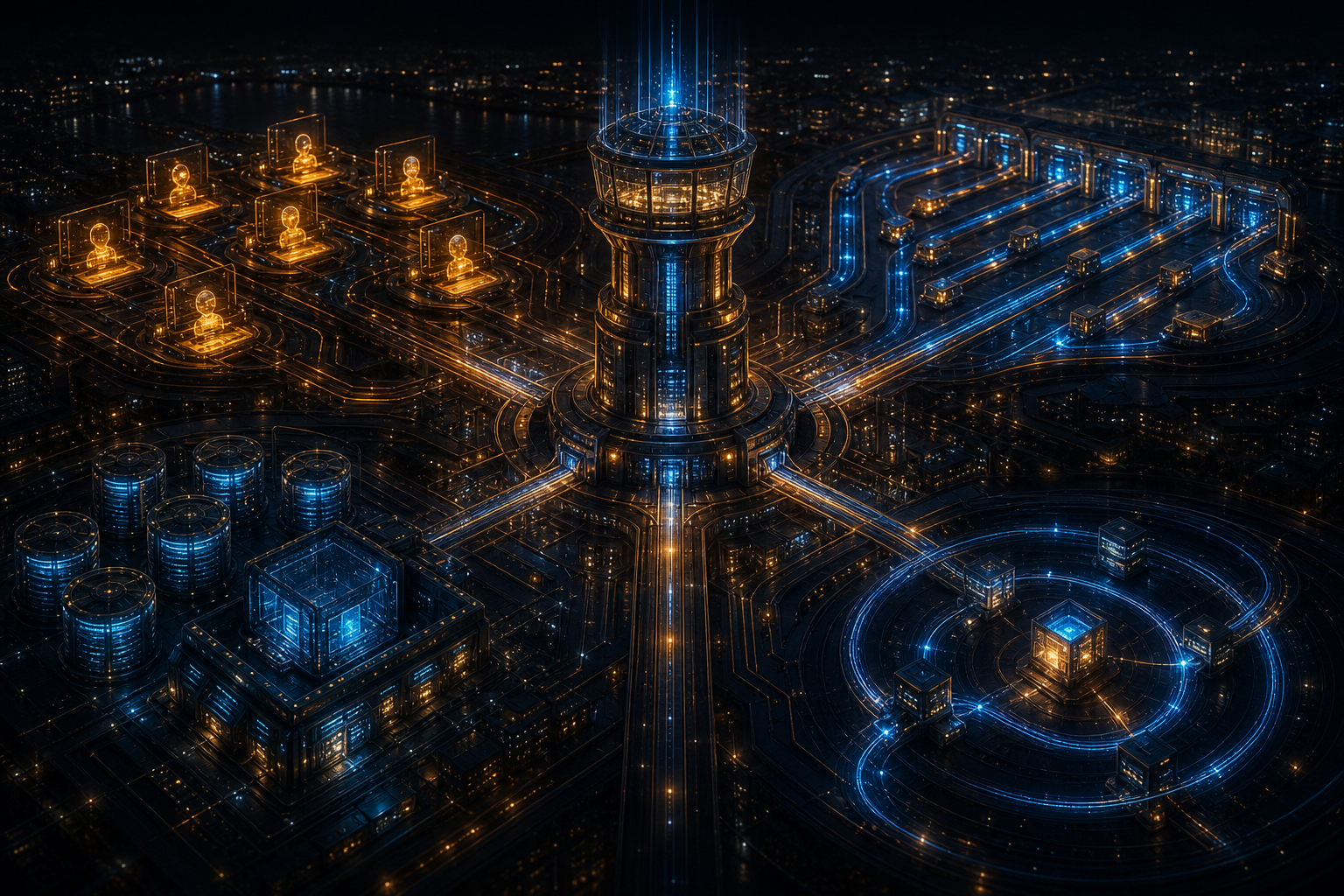 Generated editorial artwork showing a city-like agent operations control plane with worker sessions, dispatch lanes, database vaults, and recovery loops