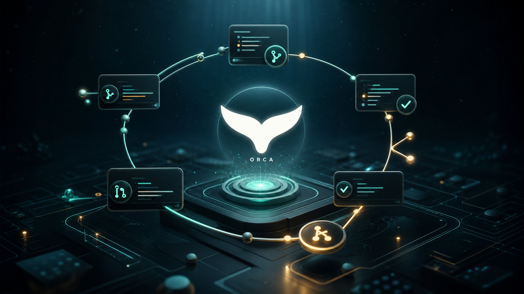 Generated Orca editorial hero showing the Orca icon at the center of a pull-request workflow inside an agent IDE